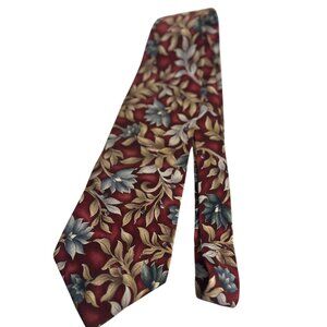 VTG 90s Van-Heusen 417 Silk Tie Burgundy Floral‎ Leaf Pattern Men Necktie READ